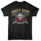 Black T-shirt featuring Guns N’ Roses skull with crossed pistols and red roses above “Appetite for Destruction” banner.