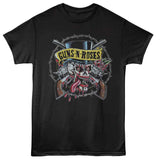 Black T-shirt featuring Guns N’ Roses top-hat skull with dripping tongue, crossed revolvers, barbed wire, and roses.