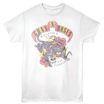 A white Guns n Roses t-shirt featuring a bold graphic of a tiger with a floral pattern and the band's name along with the text 'Welcome to the Jungle'.