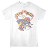 A white Guns n Roses t-shirt featuring a bold graphic of a tiger with a floral pattern and the band's name along with the text 'Welcome to the Jungle'.