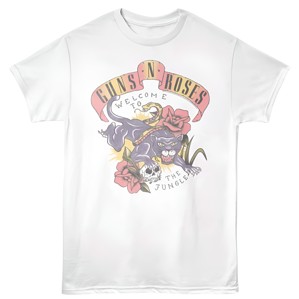 A white Guns n Roses t-shirt featuring a bold graphic of a tiger with a floral pattern and the band's name along with the text 'Welcome to the Jungle'.
