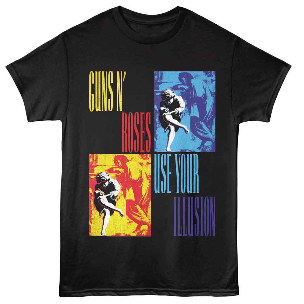 Black T-shirt featuring Guns N’ Roses “Use Your Illusion” artwork in red, yellow, and blue panels.