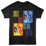 Black T-shirt featuring Guns N’ Roses “Use Your Illusion” artwork in red, yellow, and blue panels.