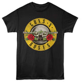 Black T-shirt featuring the classic Guns N’ Roses yellow circle logo with crossed pistols and red roses.