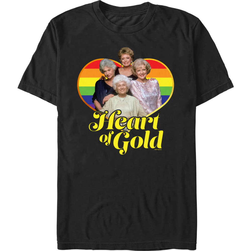 Retro Golden Girls graphic tee with rainbow heart artwork and vintage sitcom style