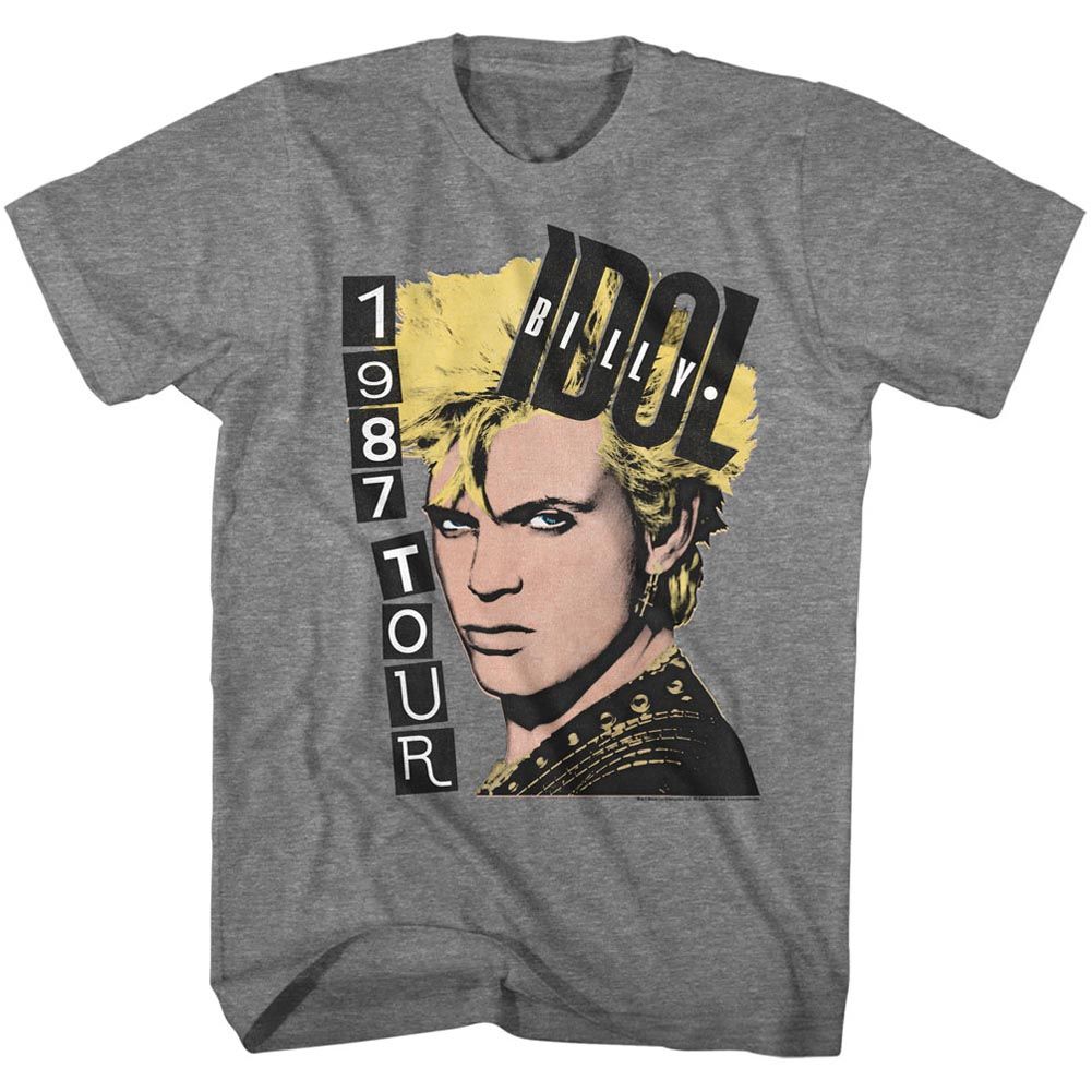 Gray T-shirt featuring a yellow-haired Billy Idol portrait with “1987 Tour” and “IDOL” text in bold retro graphics.