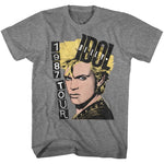 Gray T-shirt featuring a yellow-haired Billy Idol portrait with “1987 Tour” and “IDOL” text in bold retro graphics.