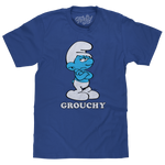 Royal blue graphic T-shirt featuring Grouchy Smurf cartoon character with folded arms and retro text