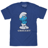 Royal blue graphic T-shirt featuring Grouchy Smurf cartoon character with folded arms and retro text