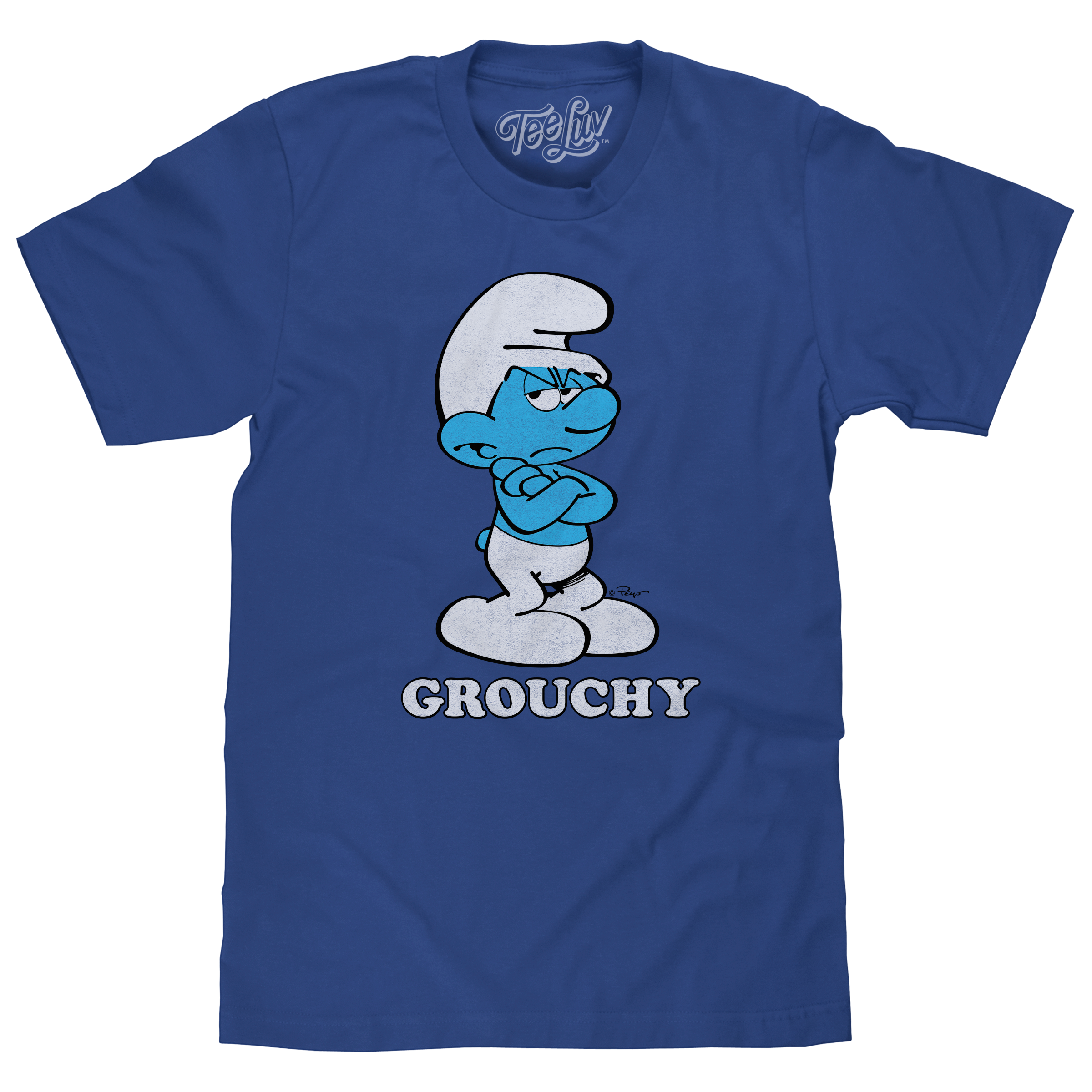 Royal blue graphic T-shirt featuring Grouchy Smurf cartoon character with folded arms and retro text