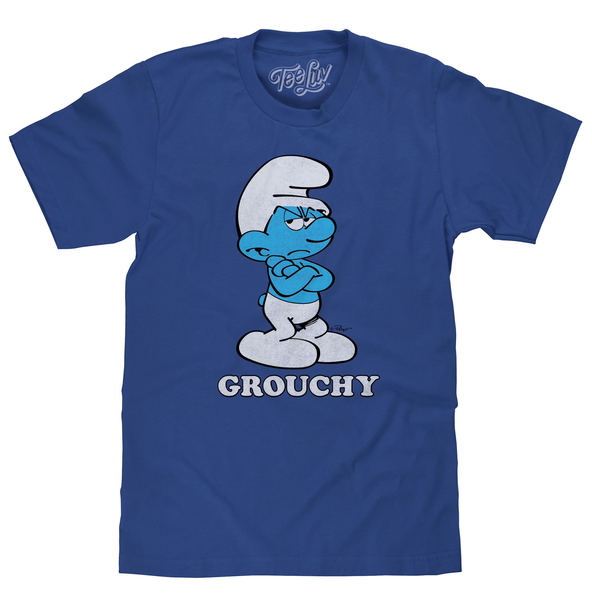 Royal blue graphic T-shirt featuring Grouchy Smurf cartoon character with folded arms and retro text