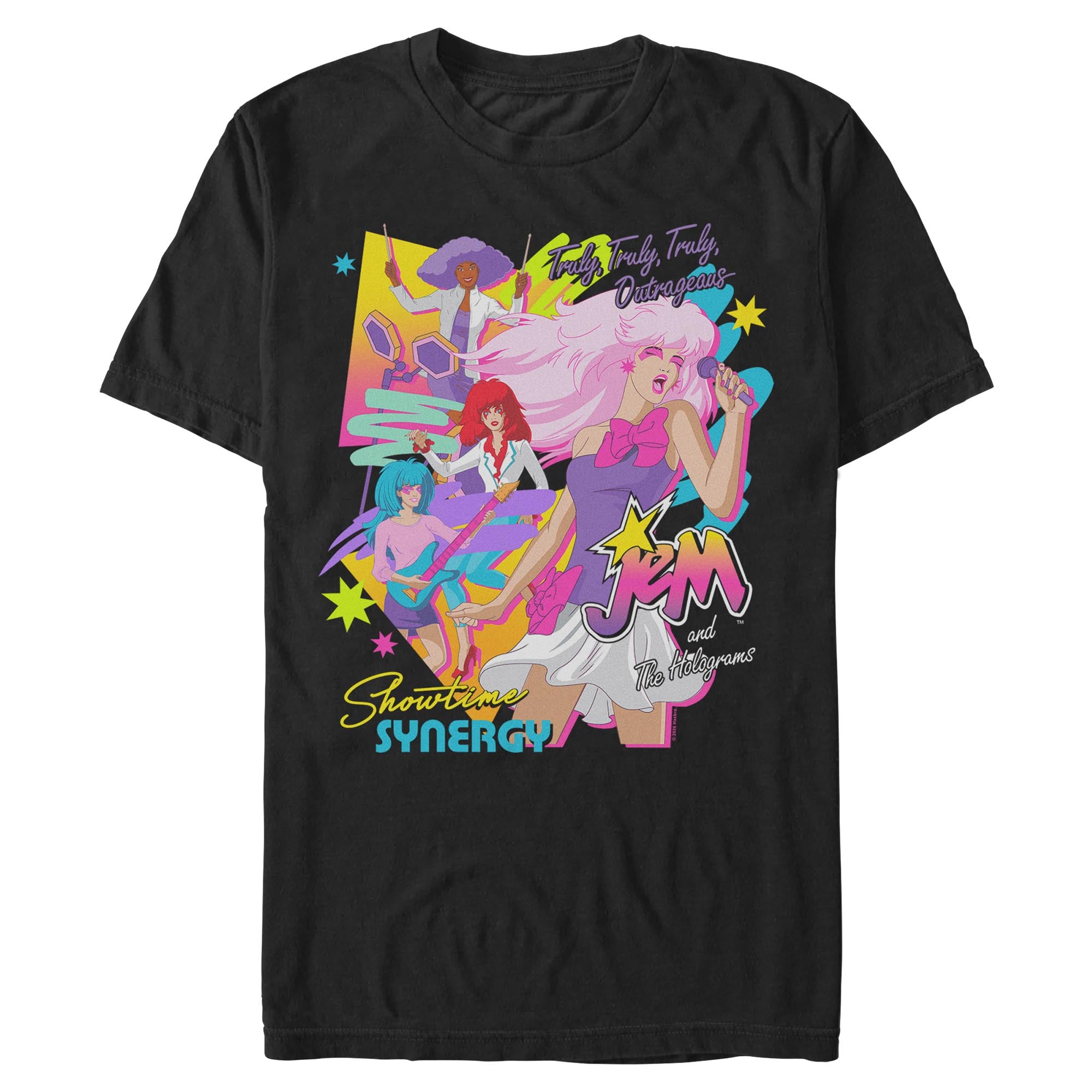 Black Jem and the Holograms graphic T-shirt featuring colorful retro band artwork and Showtime Synergy design