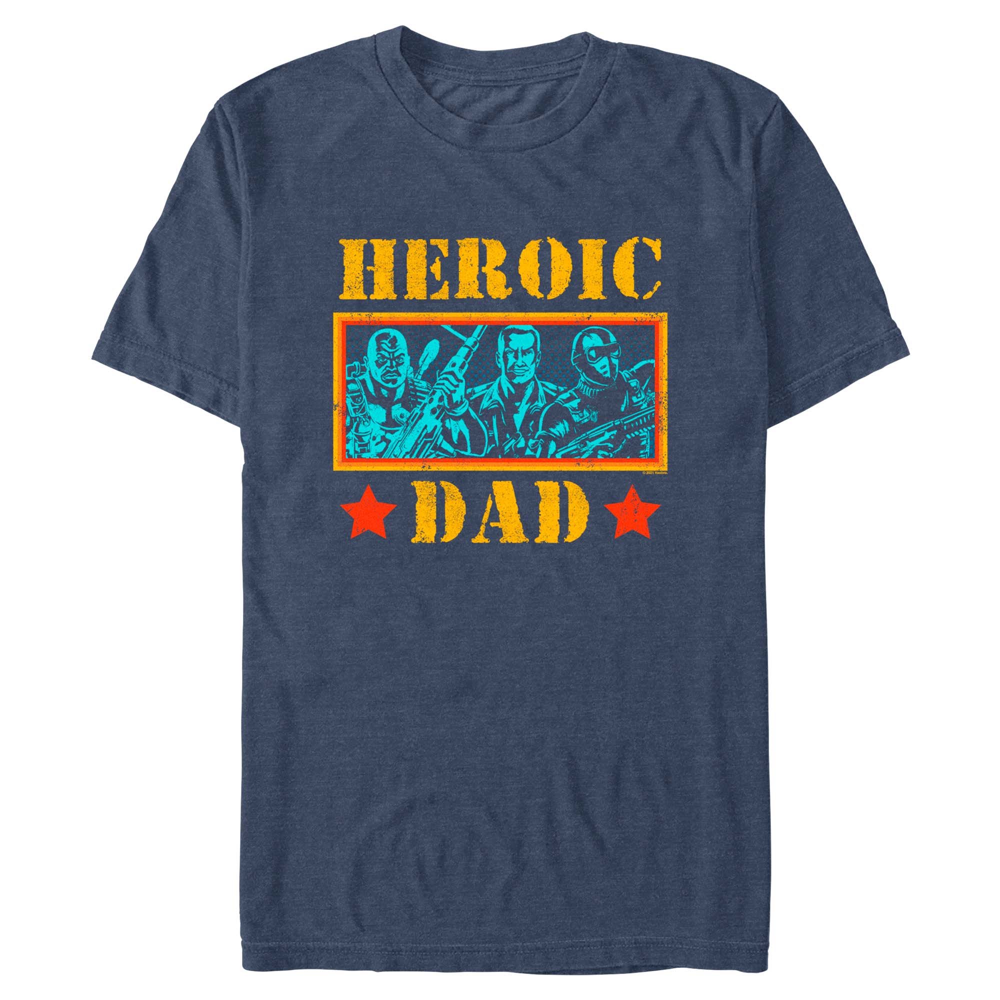 Heather navy G.I. Joe Heroic Dad graphic T-shirt featuring vintage character artwork and distressed retro lettering