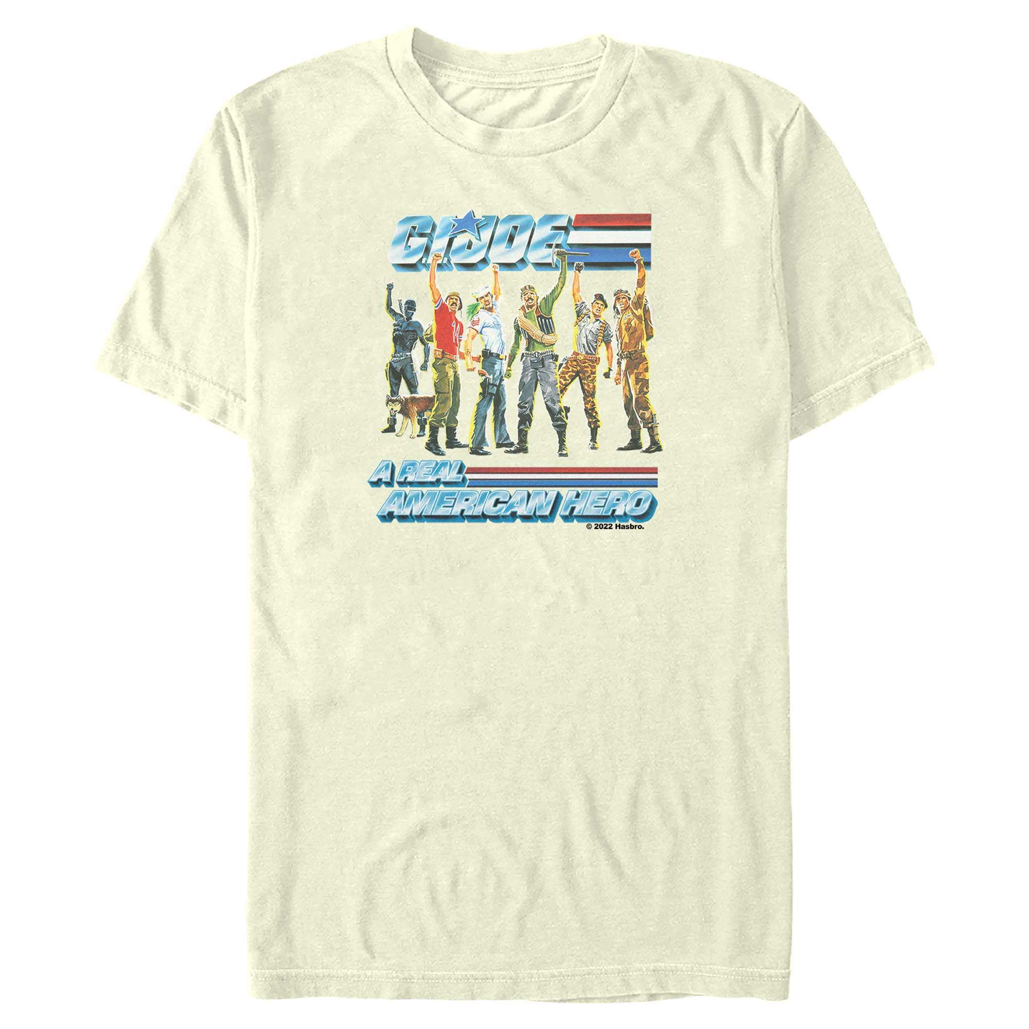 Natural G.I. Joe A Real American Hero graphic T-shirt featuring a classic team lineup beneath the iconic logo