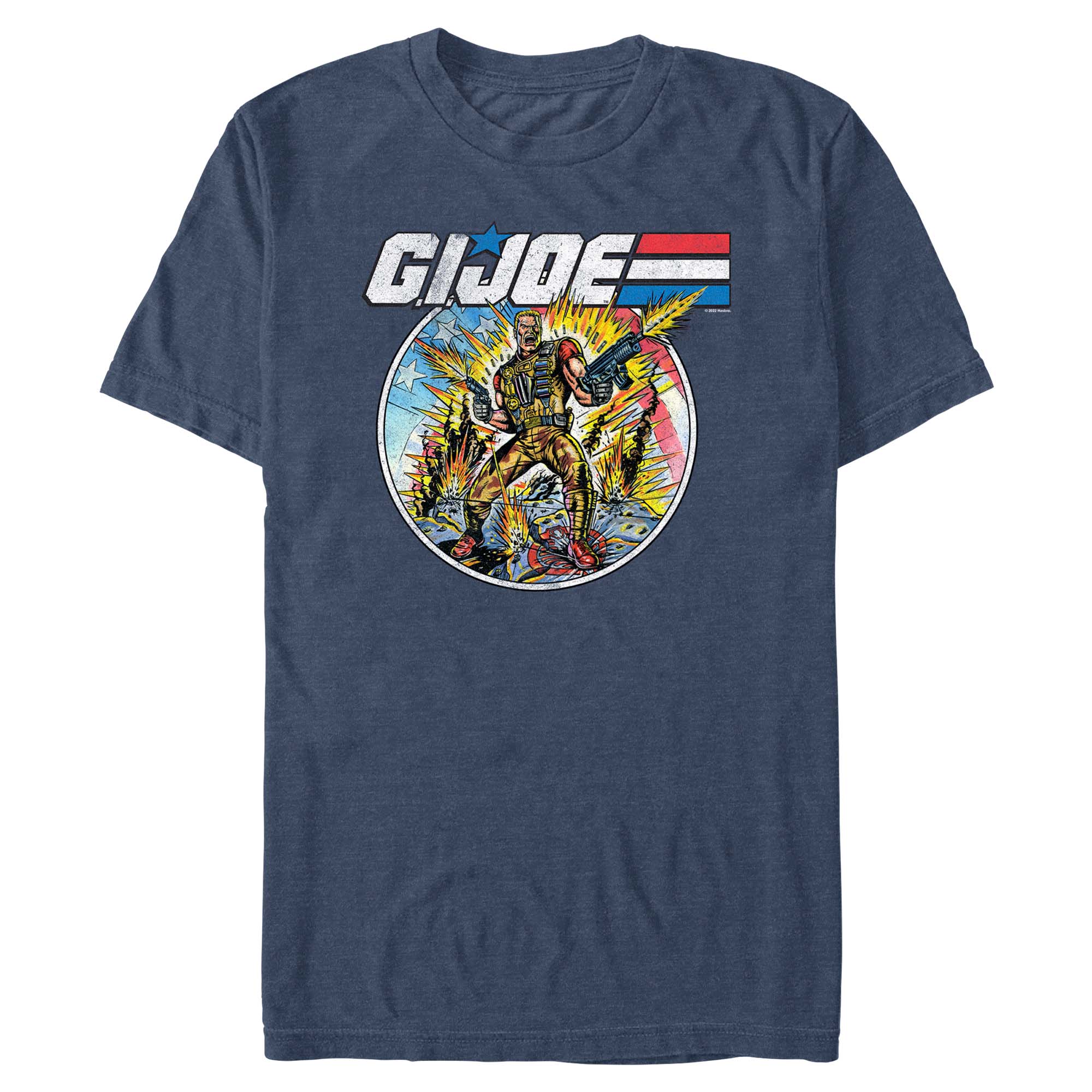 Heather navy G.I. Joe graphic T-shirt featuring retro action hero artwork with explosive comic-style battle scene
