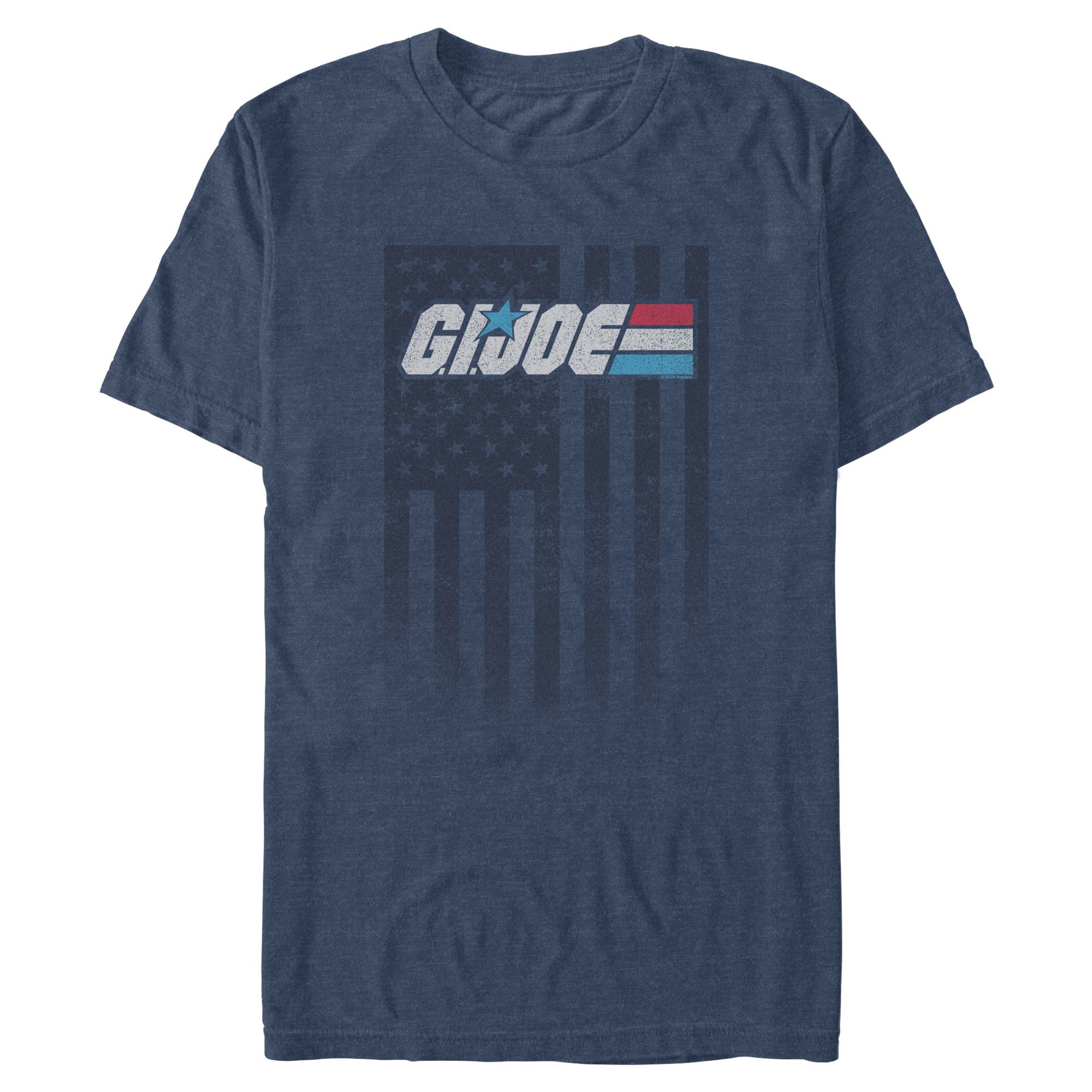 Heather navy G.I. Joe graphic T-shirt featuring distressed American flag artwork and classic logo design