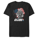 Black G.I. Joe graphic T-shirt featuring a classic military hero standing before an American flag with vintage artwork