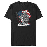 Black G.I. Joe graphic T-shirt featuring a classic military hero standing before an American flag with vintage artwork