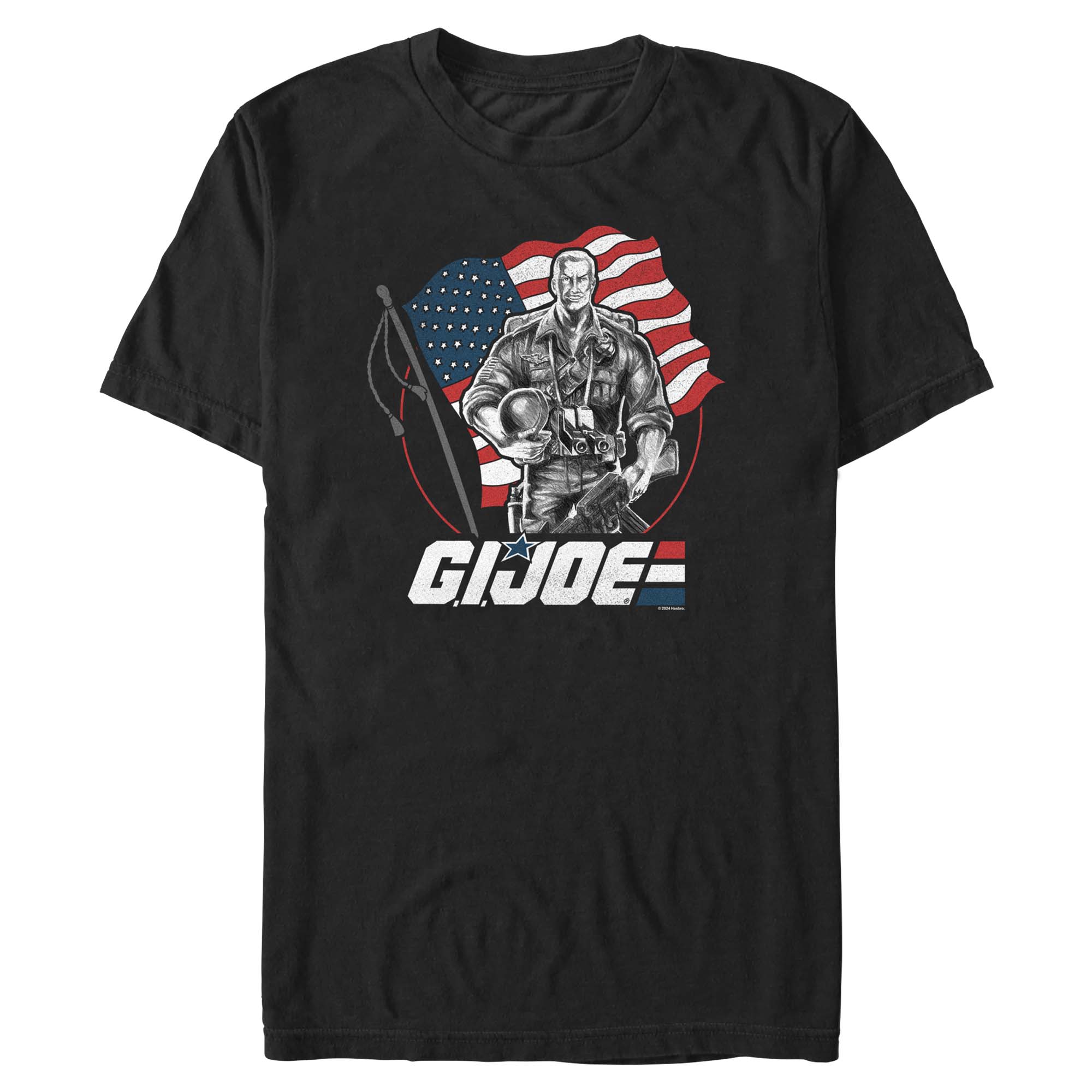 Black G.I. Joe graphic T-shirt featuring a classic military hero standing before an American flag with vintage artwork