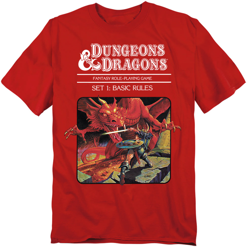 Red t-shirt featuring the classic Dungeons & Dragons “Red Box” artwork with a warrior battling a dragon under the title “Set 1: Basic Rules.”