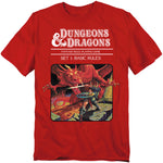 Red t-shirt featuring the classic Dungeons & Dragons “Red Box” artwork with a warrior battling a dragon under the title “Set 1: Basic Rules.”