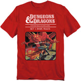 Red t-shirt featuring the classic Dungeons & Dragons “Red Box” artwork with a warrior battling a dragon under the title “Set 1: Basic Rules.”