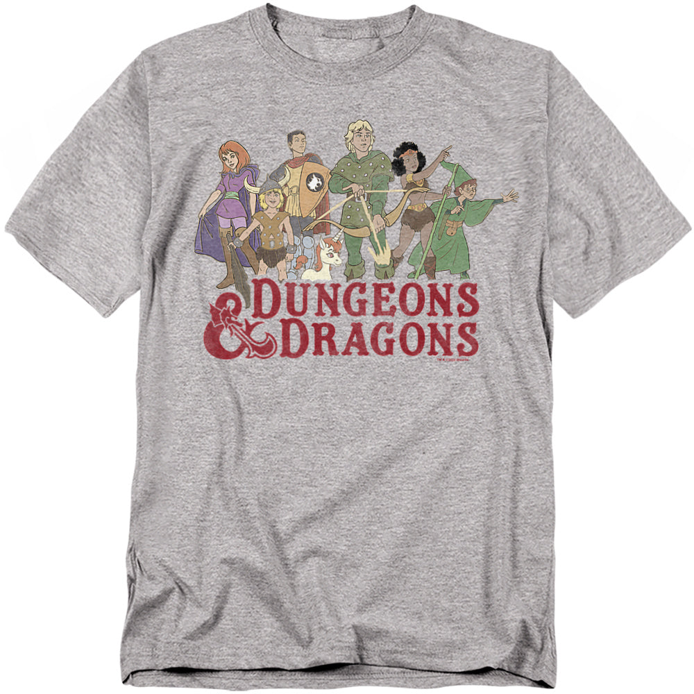 Heather grey t-shirt featuring the full cast of the 1980s Dungeons & Dragons cartoon with the show’s logo beneath them.
