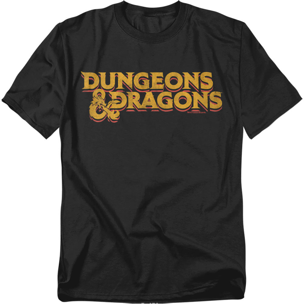 Black t-shirt with the official red and gold Dungeons & Dragons logo featuring the iconic dragon ampersand.