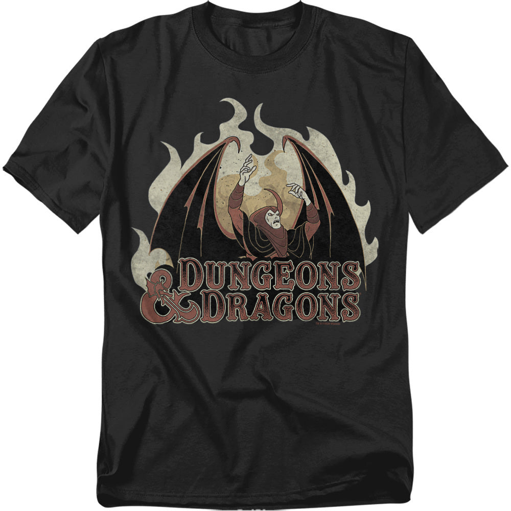 Black t-shirt featuring Venger, the winged villain from the 1980s Dungeons & Dragons cartoon, surrounded by flames above the retro Dungeons & Dragons logo.