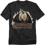 Black t-shirt featuring Venger, the winged villain from the 1980s Dungeons & Dragons cartoon, surrounded by flames above the retro Dungeons & Dragons logo.