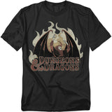 Black t-shirt featuring Venger, the winged villain from the 1980s Dungeons & Dragons cartoon, surrounded by flames above the retro Dungeons & Dragons logo.