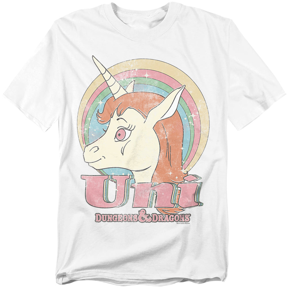 White t-shirt featuring Uni the unicorn from the 1980s Dungeons & Dragons cartoon with a retro rainbow background and “Uni” text in large vintage-style letters below.