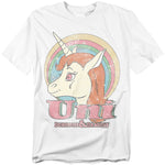 White t-shirt featuring Uni the unicorn from the 1980s Dungeons & Dragons cartoon with a retro rainbow background and “Uni” text in large vintage-style letters below.