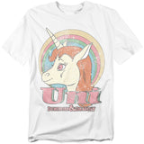 White t-shirt featuring Uni the unicorn from the 1980s Dungeons & Dragons cartoon with a retro rainbow background and “Uni” text in large vintage-style letters below.
