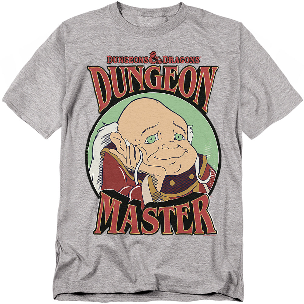 Heather gray t-shirt featuring the Dungeon Master from the 1980s Dungeons & Dragons cartoon, smiling with his hand under his chin, surrounded by the words “Dungeon Master” in bold fantasy lettering.