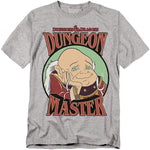 Heather gray t-shirt featuring the Dungeon Master from the 1980s Dungeons & Dragons cartoon, smiling with his hand under his chin, surrounded by the words “Dungeon Master” in bold fantasy lettering.