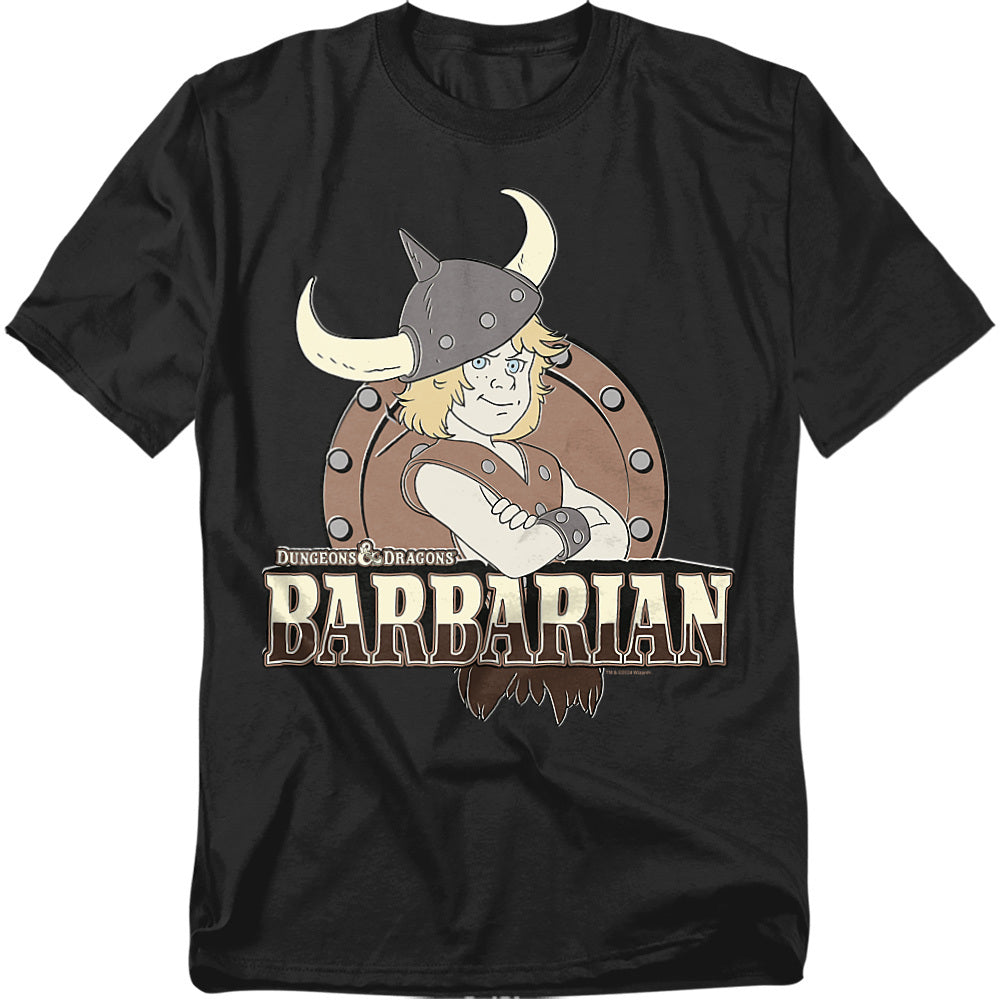 Black t-shirt featuring Bobby the Barbarian from the 1980s Dungeons & Dragons cartoon, with arms crossed and wearing his horned helmet, framed by a round shield and bold “Barbarian” text.