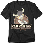 Black t-shirt featuring Bobby the Barbarian from the 1980s Dungeons & Dragons cartoon, with arms crossed and wearing his horned helmet, framed by a round shield and bold “Barbarian” text.