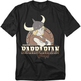 Black t-shirt featuring Bobby the Barbarian from the 1980s Dungeons & Dragons cartoon, with arms crossed and wearing his horned helmet, framed by a round shield and bold “Barbarian” text.