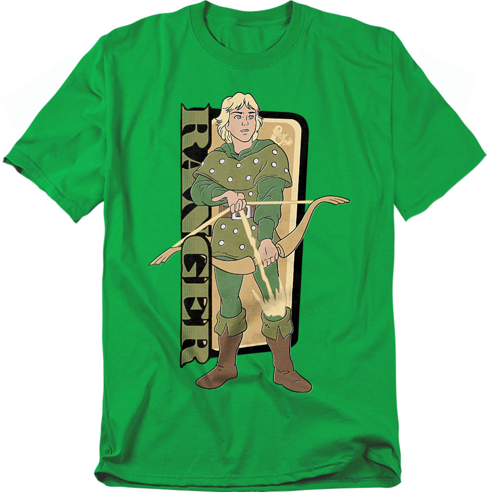 Green t-shirt featuring Hank the Ranger from the 1980s Dungeons & Dragons cartoon, holding his magical energy bow with the word “Ranger” printed alongside in stylized lettering.