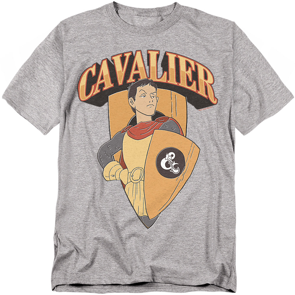 Heather gray t-shirt featuring Eric the Cavalier from the 1980s Dungeons & Dragons cartoon, holding his shield with large “Cavalier” lettering above.