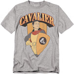 Heather gray t-shirt featuring Eric the Cavalier from the 1980s Dungeons & Dragons cartoon, holding his shield with large “Cavalier” lettering above.