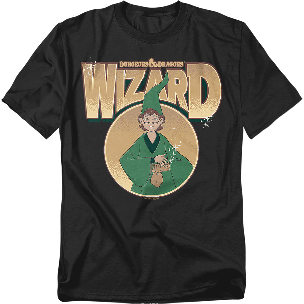 Black t-shirt featuring Presto the Wizard from the 1980s Dungeons & Dragons cartoon, with large vintage-style “Wizard” lettering above him.