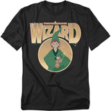 Black t-shirt featuring Presto the Wizard from the 1980s Dungeons & Dragons cartoon, with large vintage-style “Wizard” lettering above him.