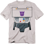 Light gray t-shirt with a printed design of Megatron’s chestplate from Transformers, featuring the purple Decepticon logo and mechanical panel details.