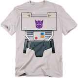 Light gray t-shirt with a printed design of Megatron’s chestplate from Transformers, featuring the purple Decepticon logo and mechanical panel details.