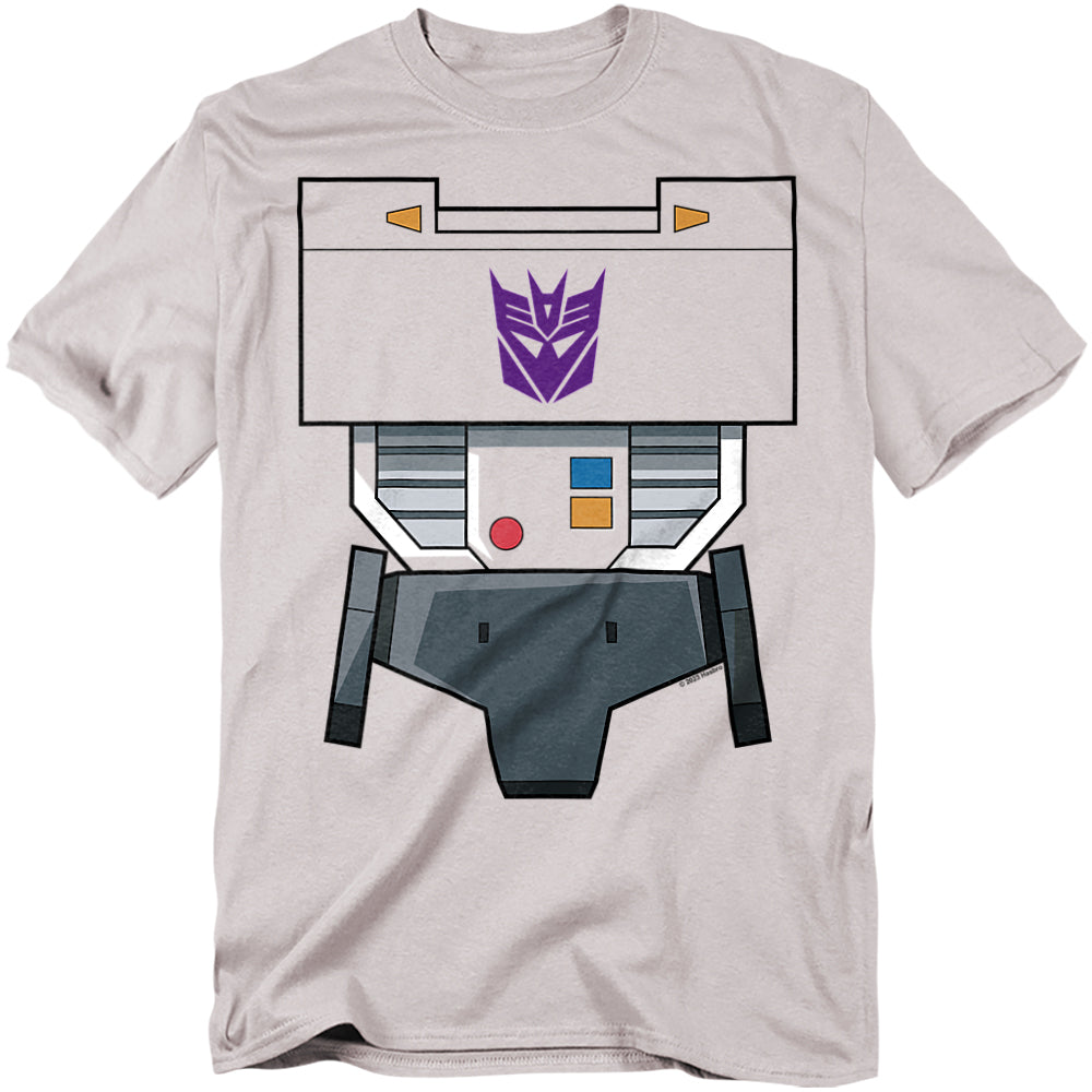 Light gray t-shirt with a printed design of Megatron’s chestplate from Transformers, featuring the purple Decepticon logo and mechanical panel details.