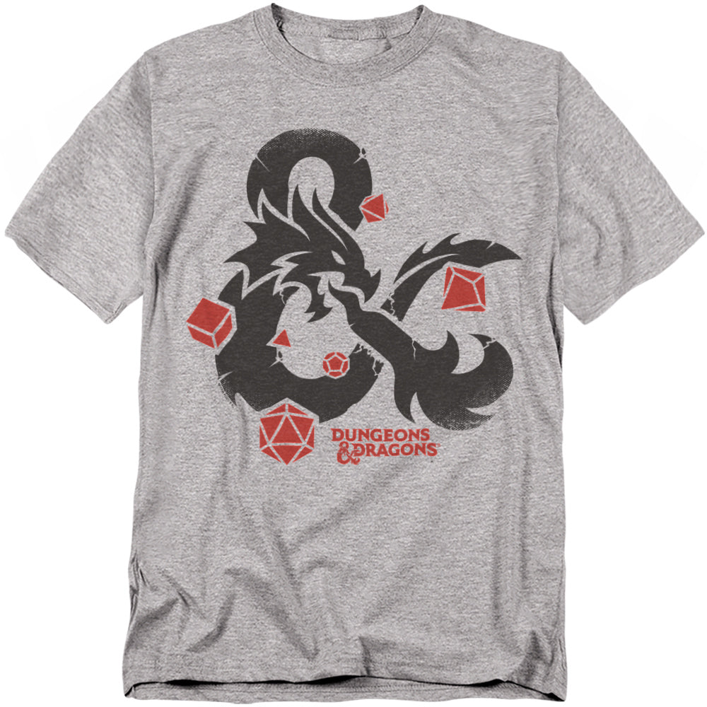 Heather grey t-shirt featuring the Dungeons & Dragons ampersand dragon logo in black, surrounded by red dice designs.