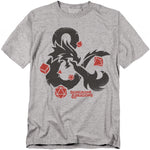 Heather grey t-shirt featuring the Dungeons & Dragons ampersand dragon logo in black, surrounded by red dice designs.