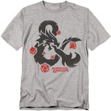 Heather grey t-shirt featuring the Dungeons & Dragons ampersand dragon logo in black, surrounded by red dice designs.